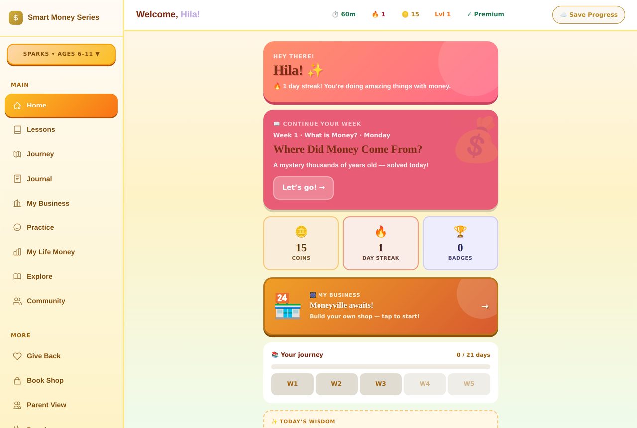 Smart Money Series Sparks (starter phase): warm cream interface showing weekly story-driven lessons